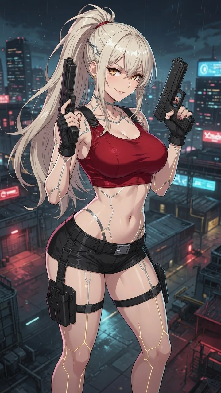 Cass Quinn, a platinum-haired gunner holding her two pistols