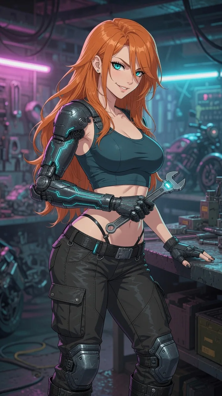 Roxy Vane, a red-haired mechanic with a cyan-lit cybernetic right arm