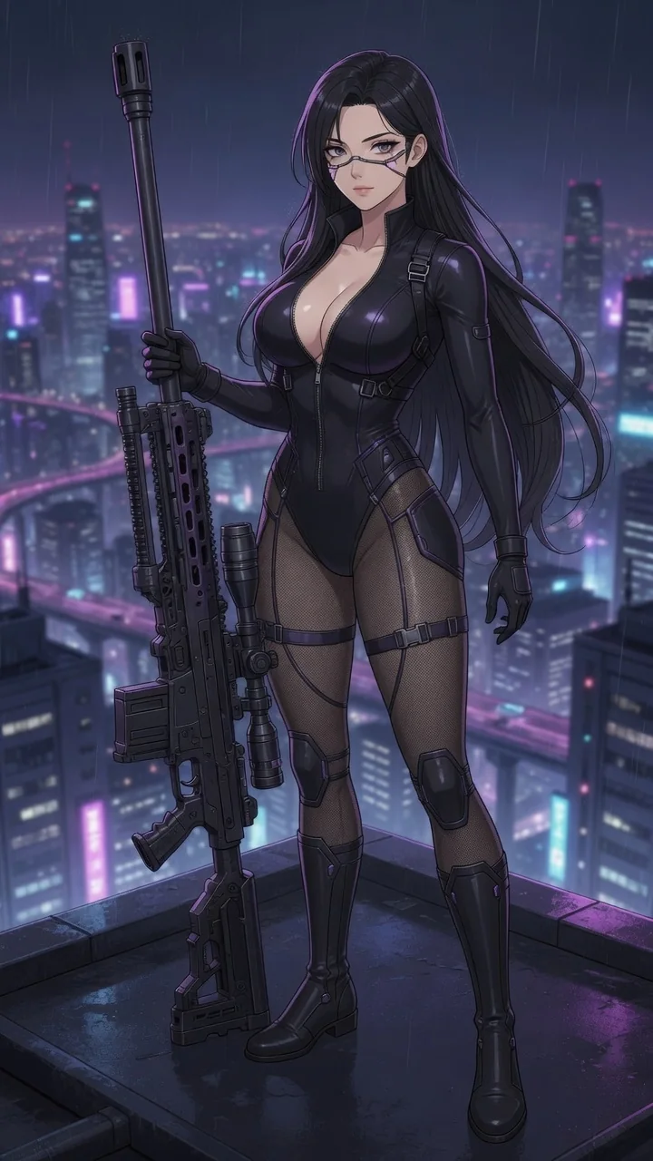 Vera Locke standing on a rooftop with her electromagnetic rifle Stillpoint