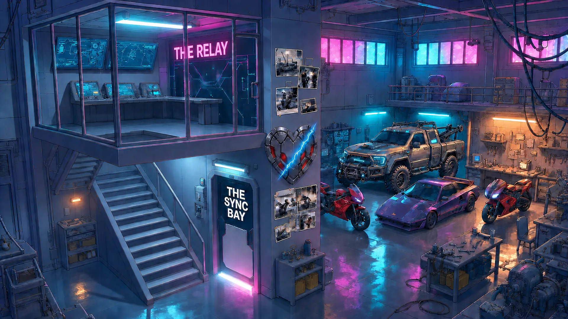 Heartline Motorworks, a large clandestine garage with vehicles, workshops, The Relay and The Sync Bay